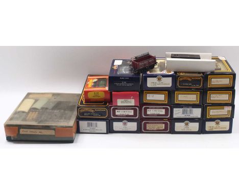 One tray containing approx 36 00 gauge wagons by various manufacturers including a Bachmann Queen Mary guards van, Dapol loco