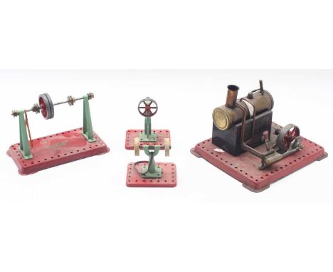 Mamod single-cylinder stationary engine comprising a horizontal boiler engine, a single oscillating cylinder, and burner, all