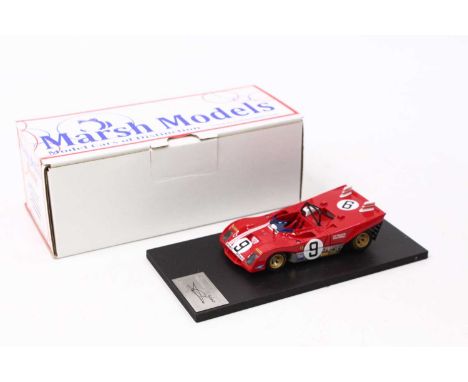 A Marsh Models No. MM260 1/43 scale factory handbuilt model of a Ferrari 312PB Brands Hatch race car, comprising red body wit
