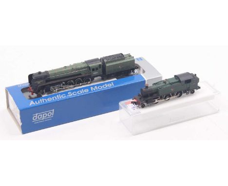 Two N gauge locos to include a 9F, by Minitrix, in BR lined green, no.92220 "Evening Star", housed in a Dapol box, appears ve