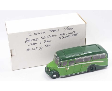 Original Classics 1/24 scale limited edition diecast model of a Bedford OB coach in 'Southdown' cream and green, housed in a 