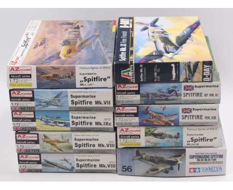 One tray containing ten various boxed AZ Models, Tamiya, and Italeri 1/72 scale plastic military aircraft to include a Superm