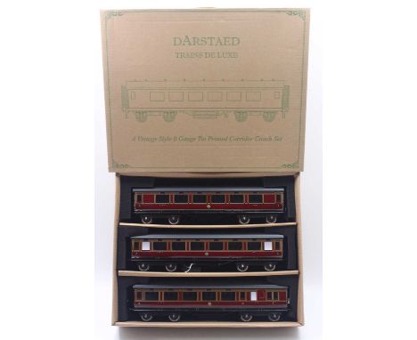 Darstaed 0 gauge coarse scale ex shop stock set of three LMS period II coaches, set A, housed in the original box, mint
