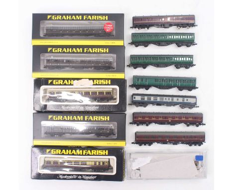 A collection of N gauge Coaches to include a triple set of Graham Farish SECR 60ft birdcages, in Wellington Brown livery, eac