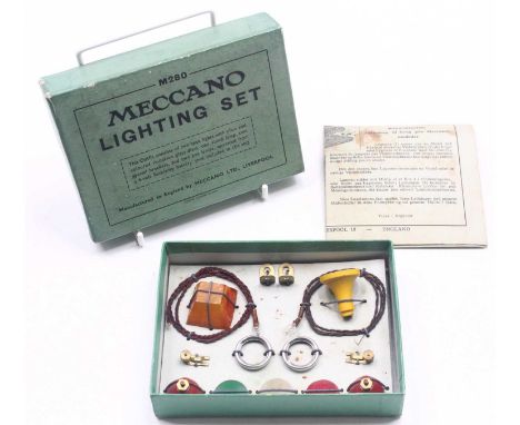 Meccano Lighting Set M280, all original still strung to original card, with leaflet, original box dated 1937 in pencil
