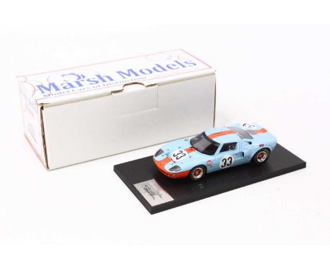 A Marsh Models No. MM247 1/43 scale factory hand built model of a Gulf GT40 1968 Spa race car, comprising light blue body wit