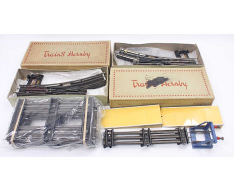 Hornby 0-gauge electric track, all (VG-E): 6 pieces double straights; 2 single straights; one No.1 blue buffer; two x R/h &am