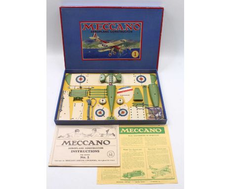 Meccano, Aeroplane Constructor No.1, circa 1933, green and cream components, very little use, restrung on backing card with l