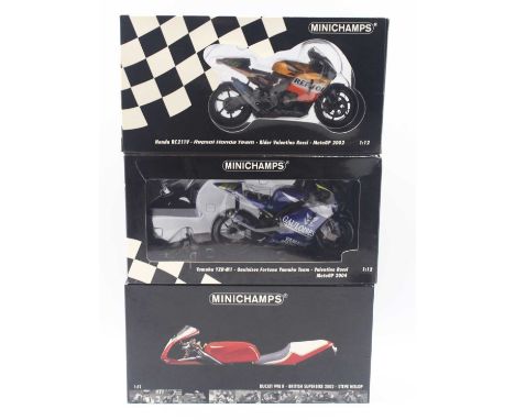 Minichamps 1/12 scale group of 3 models to include; Honda RC211V Repsol Honda Team Valentino Rossi GP 2002, Yamaha YZR-M1 Gau