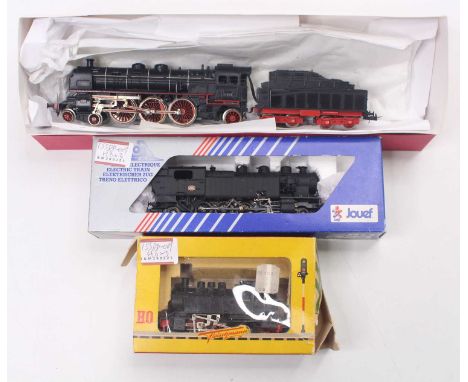 Three HO gauge locos to include a Fleischmann DB BR 80 class, 0-6-0 tank loco, a Jouef SNCF 2-8-2 tank loco, in black, one ec