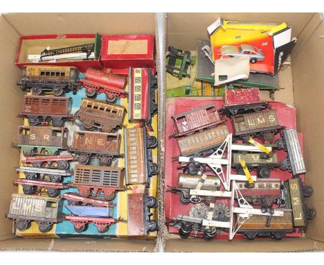 Two trays containing play-worn Hornby 0 gauge wagons to include LMS and GW open wagons, no.1 coaches, in crimson and cream, a