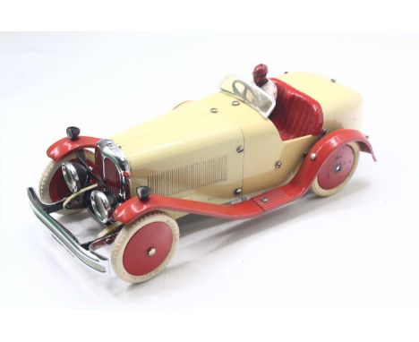 Meccano No.2 Constructor Motor Car, cream and red example with driver figure, red hubs, housed in the original green labelled