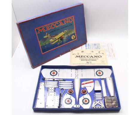 Meccano Aeroplane Constructor No.1 set, c1931, silver example with RAF roundels (Flat Wing and Fluted Fuselage), in the origi