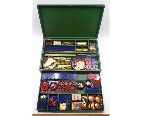 Meccano 1930s Outfit "K", housed in the original green wooden storage box, with Meccano Outfit K gold Meccano label to on top