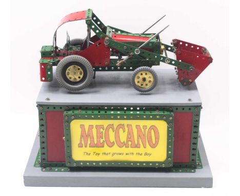 Meccano Dealer Display Models of a 1950s Tractor and Shovel, red and green components, working order with light up feature, p