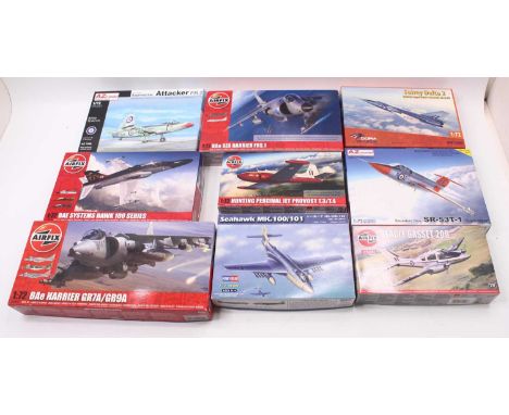 Nine Airfix or similar 1:72 scale plastic kits for aircraft to include a BAe Hawk 100 series, a Hunting Percival JET Provost 