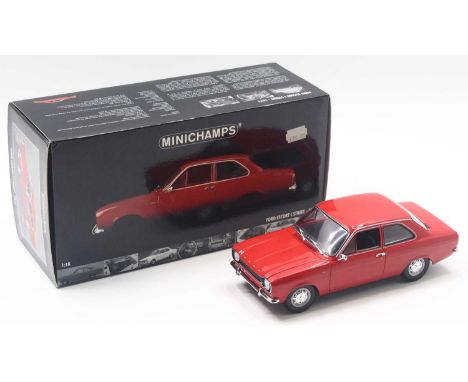 Minichamps 1/18 scale modern issue diecast model of a Ford Escort I Street 1971 in red body, housed in a polystyrene packed p