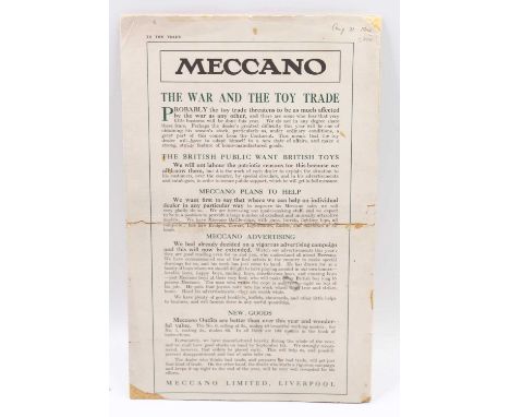 Original 1914 Meccano "The War and the Toy Trade" leaflet dated in pencil 21st August 1914, black and green text detailing ma