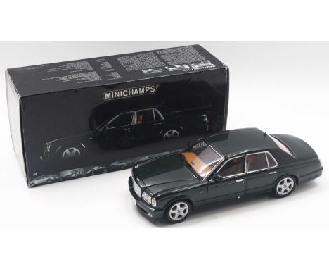 Minichamps 1/18 Scale boxed modern issue diecast model of a Bentley Arnage T 2002 in dark green body with brown interior, hou