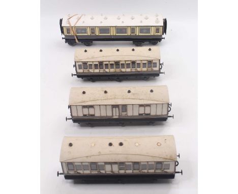 Four 0 gauge semi-coarse scale LNWR kit-built coaches, including a bogie picnic salon, an all-third six-wheel coach, a compos