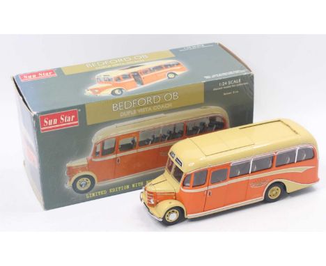Sun Star limited edition 1/24 scale model of a Bedford OB Yelloway Motor Service Coach finished in cream and orange, housed i