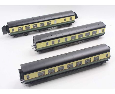 Three Exley 0 gauge LNER tourist stock coaches, including two brake ends, and one buffet car. One brake end needs the window 