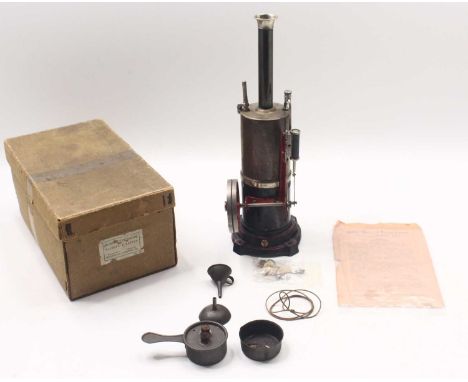 Original Meccano vertical spirit fired Steam Engine, circa 1914-1921 in black and red with "M LTD L" round gold transfer to t