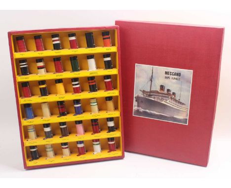 A collection of Meccano ships funnels, 36 in total which have all been expertly restored to represent individual shipping lin