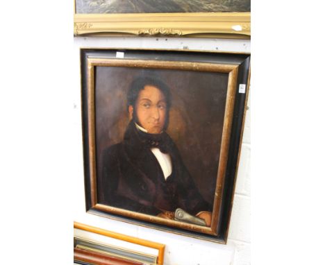 A bust length portrait of a gentleman in a dark jacket holding a scroll, oil on board.