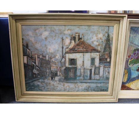After Maurice Utrillo " A Street Scene with Figures and Buildings" colour print.