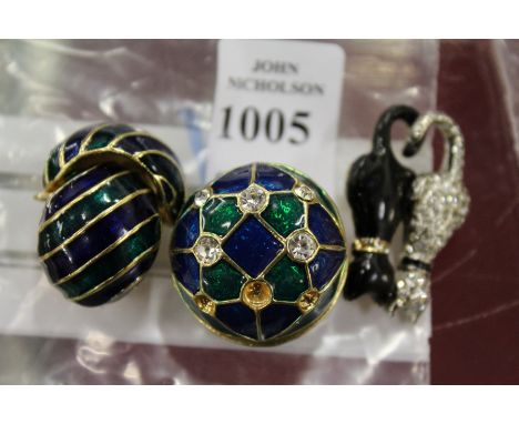 Enamel earrings and cat brooch.