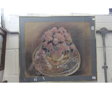 Lander, a pastel of pink flowers on a tazza.