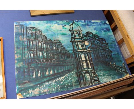 In the manner of Bernard Buffet "Street Scene at Night" watercolour, unframed.