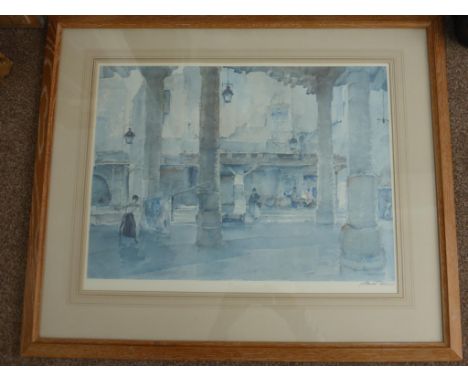 AFTER WILLIAM RUSSELL FLINT, 'MARKET HALL CORDEZ,, EARLY FRAMED PRINT, SIGNED TO MOUNT, BLIND GALLERY STAMP, APPROX. 58 X 43 