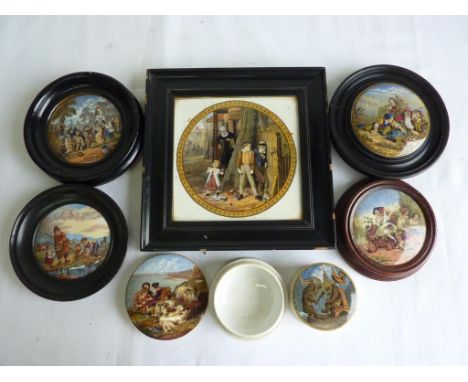 FRAMED PRATT WARE TILE AND MISC. FRAMED POT LIDS