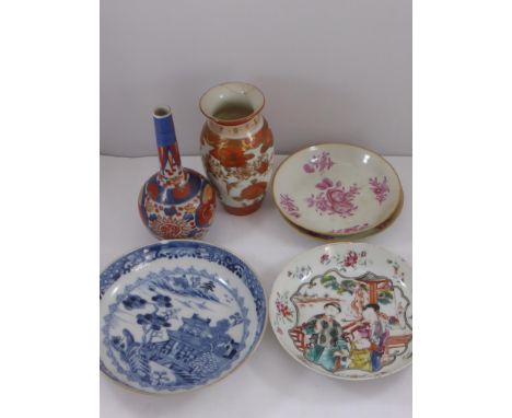 MISC. ORIENTAL CHINA AND PORCELAIN INC. BLUE AND WHITE DISH APPROX. 15cm DIA. AF, SHALLOW DISH WITH ORIENTAL ENAMELLED DECORA