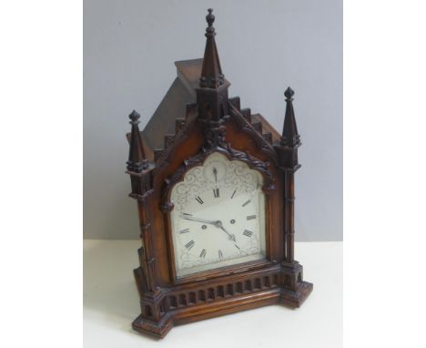 GOTHIC REVIVAL 'CATHEDRAL' STYLE BRACKET CLOCK, 8 DAY TWIN FUSEE REPEATER MOVEMENT STRIKING ON A BELL, OAK CASE WITH FRETWORK