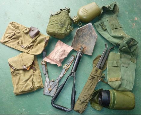MILITARIA, TRENCHING TOOL, CANVAS AMMUNITION POUCHES, 2 MOD AND 2 RUSSIAN, M16 BI POD IN CANVAS POUCH, OFFICER'S SAM BROWN SW