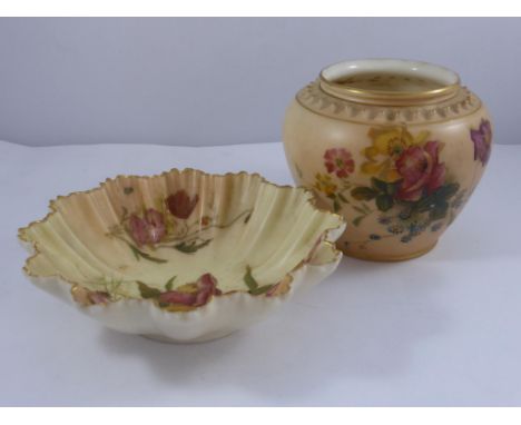 ROYAL WORCESTER BLUSH IVORY SHELL DISH WITH FLORAL DECORATION, SHAPE 1420, APPROX. 12cm DIA AND A BLUSH IVORY VASE ALSO WITH 