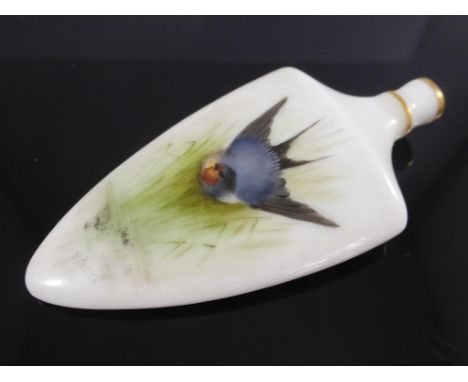 ROYAL WORCESTER PORCELAIN PERFUME BOTTLE PAINTED WITH A SWALLOW, SIGNED POWELL, MISSING STOPPER