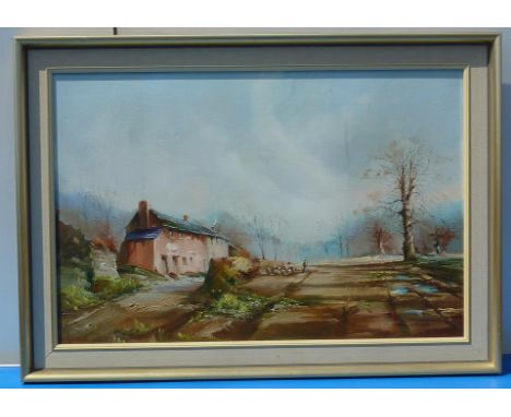 OIL ON CANVAS COUNTRY FARM LANDSCAPE APPROX. 35 INS X 23 INS SIG. JACK R MOULD