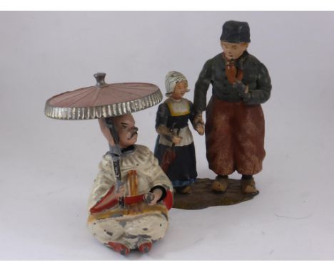 ORIENTAL FIGURE WITH PARASOL SPELTER AUTOMATON AF AND PR. COLD PAINTED SPELTER DUTCH FIGURES AF