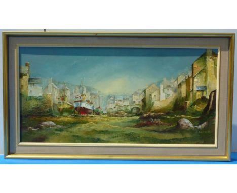 OIL ON CANVAS CORNISH HARBOUR SCENE APPROX. 39 INS X 19.5 INS SIG.  JACK R MOULD