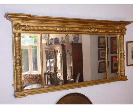 REGENCY STYLE GILTWOOD FRAMED 3 PLATE OVERMANTLE MIRROR, APPROX. 151 X 74 cm