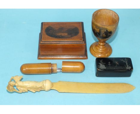 A Mauchline ware box and cover, the lid with scene of 'Crummock &amp; Buttermere Lakes', 9.3 x 7cm, 4cm high, with Ann Banks 