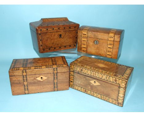 An oblong walnut tea caddy with bands of Tunbridge ware decoration, 20cm wide and three other inlaid walnut tea caddies, (4).