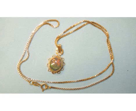 A 9ct gold-mounted opal doublet pendant on 14ct yellow gold box-link neck chain, chain 51cm long, 5.8g, gross weight 7.7g. 