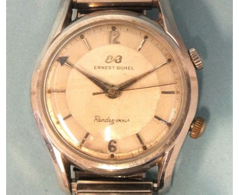 Ernest Borel, a gent's Rendez-vous alarm wrist watch c1960's, the two-tone silvered circular dial with baton and Arabic numer