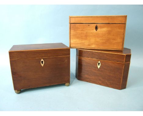 A satinwood two-division tea caddy, 20cm wide and two other hardwood tea caddies, (3). 