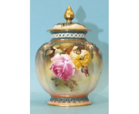 A Royal Worcester pot pourri vase and cover decorated with roses, green factory mark, date mark for 1908, shape 278/H10.49, s